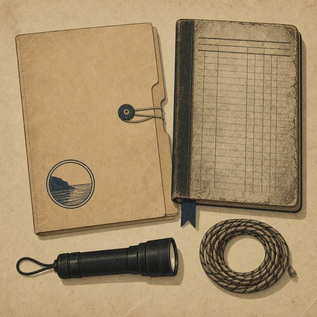 Illustrated case file beside a weathered market-stall ledger and a small torch