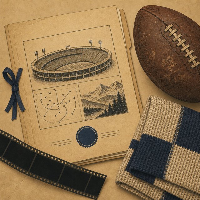 Illustrated case file beside a scuffed leather football and a folded knit blanket square