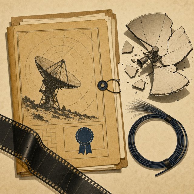 Illustrated case file beside a shattered satellite dish fragment and a coiled length of fiber-optic cable