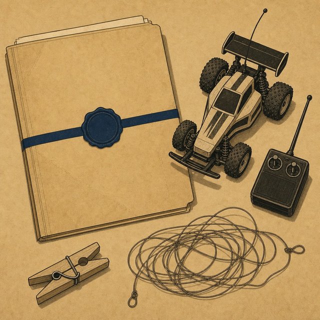 Illustrated case file beside a toy remote-control car and a tangle of tripwire cord
