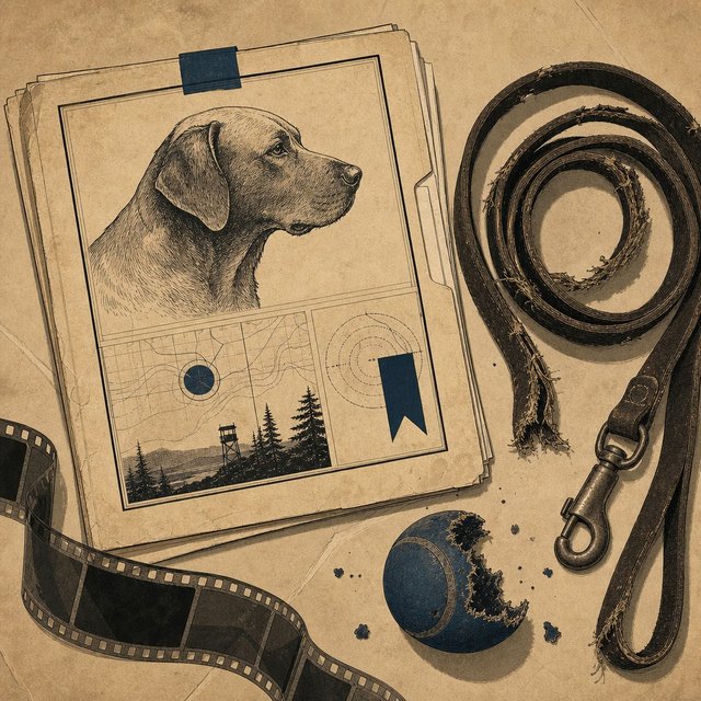 Illustrated case file beside a frayed leather leash coiled next to a chewed rubber ball fragment