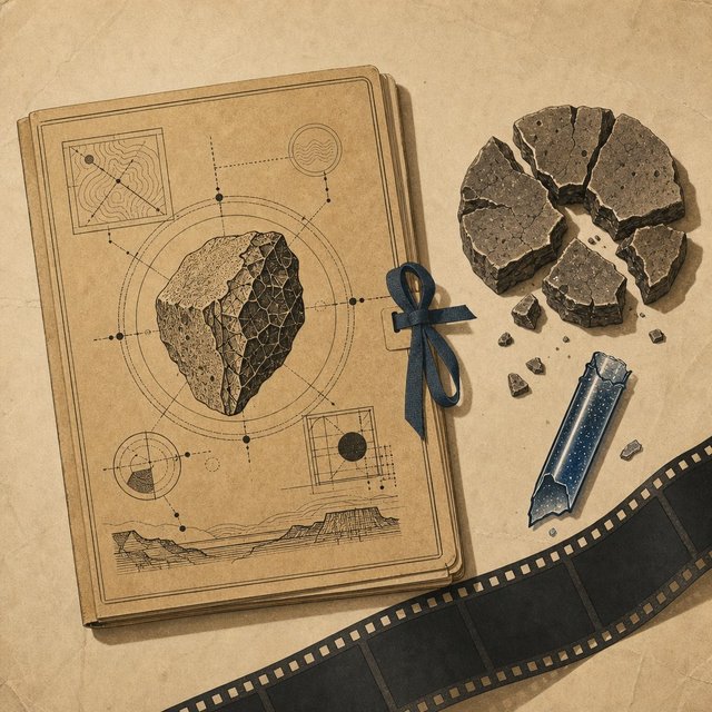 Illustrated case file beside a shattered petrified-stone fragment and a single glowing test-tube shard