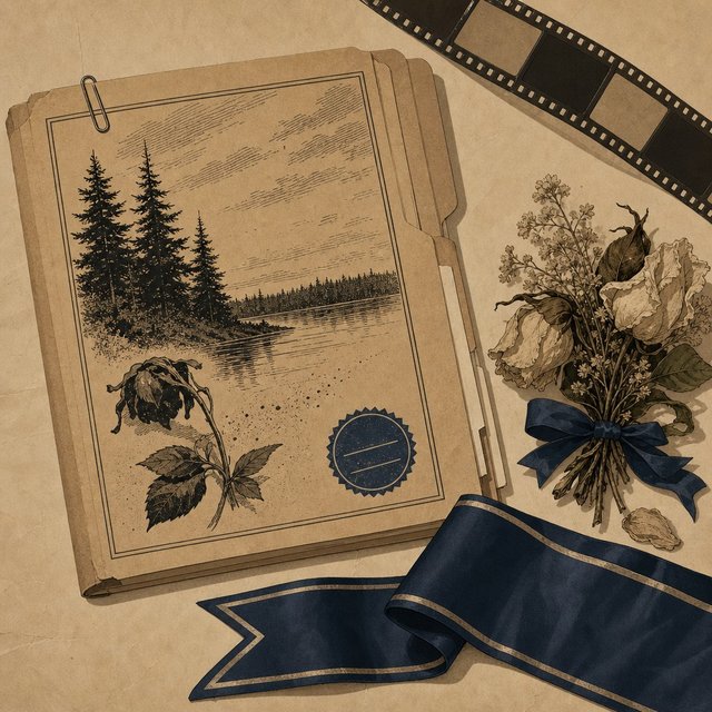 Illustrated case file beside a wilting corsage and a folded prom-queen sash