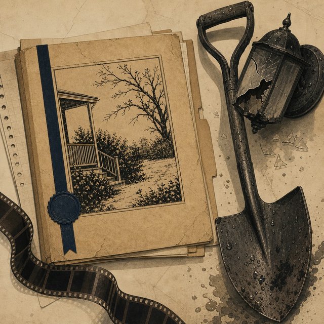 Illustrated case file beside a rain-soaked garden shovel and a cracked porch light fixture
