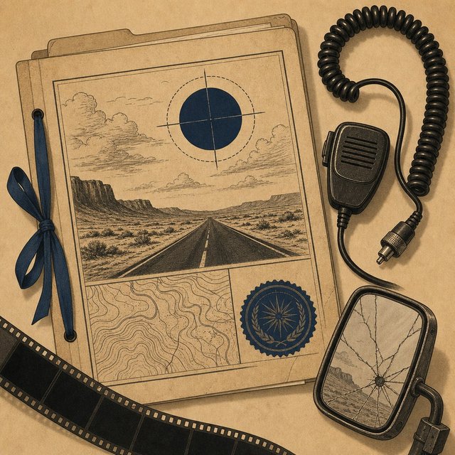 Illustrated case file beside a coiled CB radio cord and a cracked truck side-mirror fragment