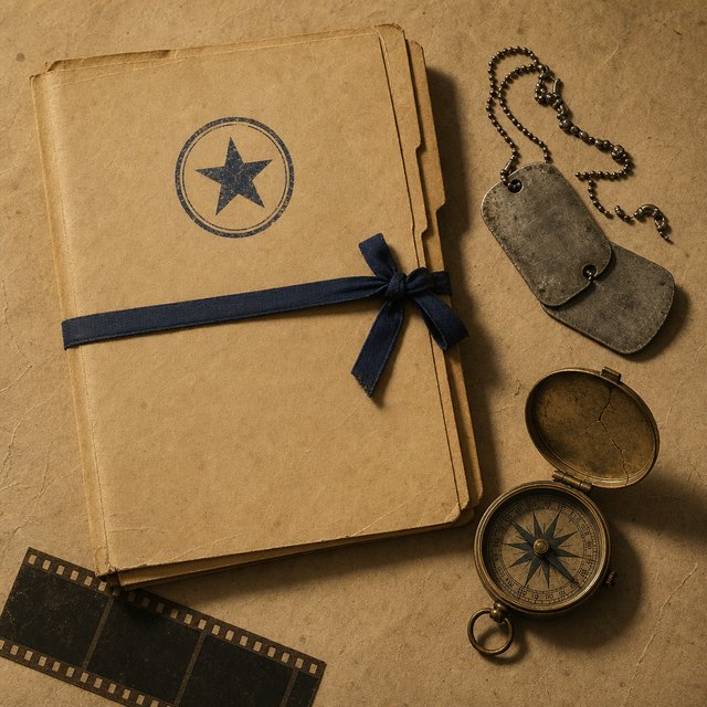 Illustrated case file beside weathered military dog tags and a cracked compass