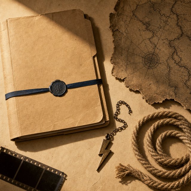 Illustrated case file beside a bronze lightning-bolt charm and a torn map fragment