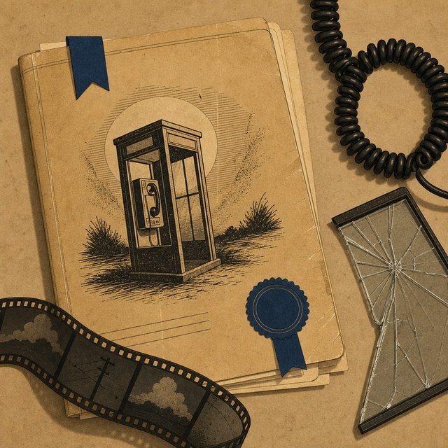 Illustrated case file beside a coiled telephone cord and a cracked glass phone-booth pane fragment