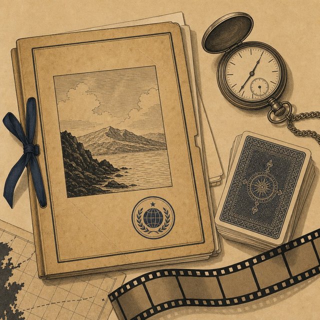 Illustrated case file beside a folding pocket watch and a stack of bridge playing cards