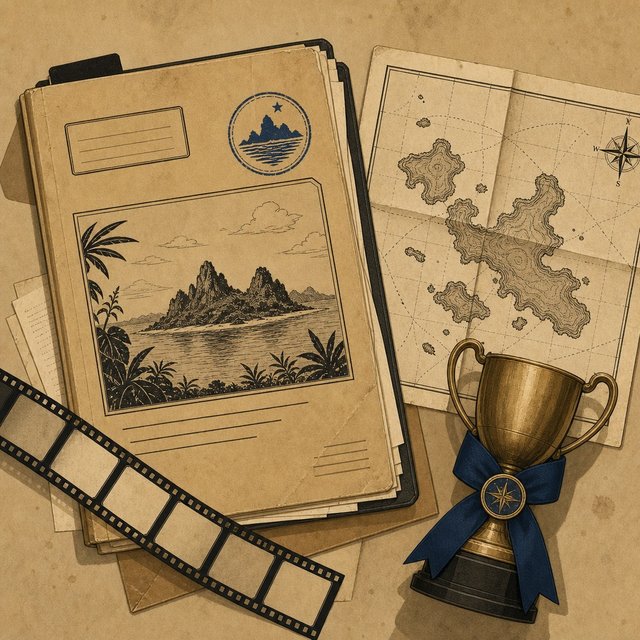 Illustrated case file beside a folded archipelago map and a small ribboned trophy