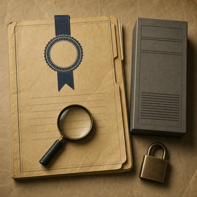 Illustrated case file beside a server tower and a padlock
