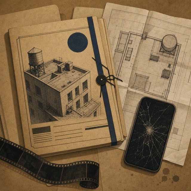 Illustrated case file beside a folded rooftop blueprint and a shattered phone screen