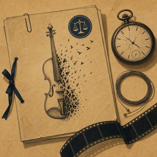 Illustrated case file beside a cracked pocket watch and a coiled length of violin string