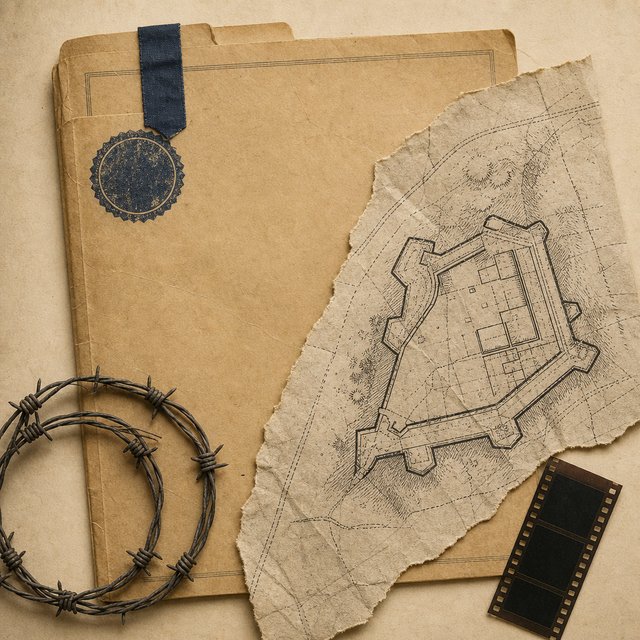 Illustrated case file with a torn blueprint fragment and coiled barbed wire