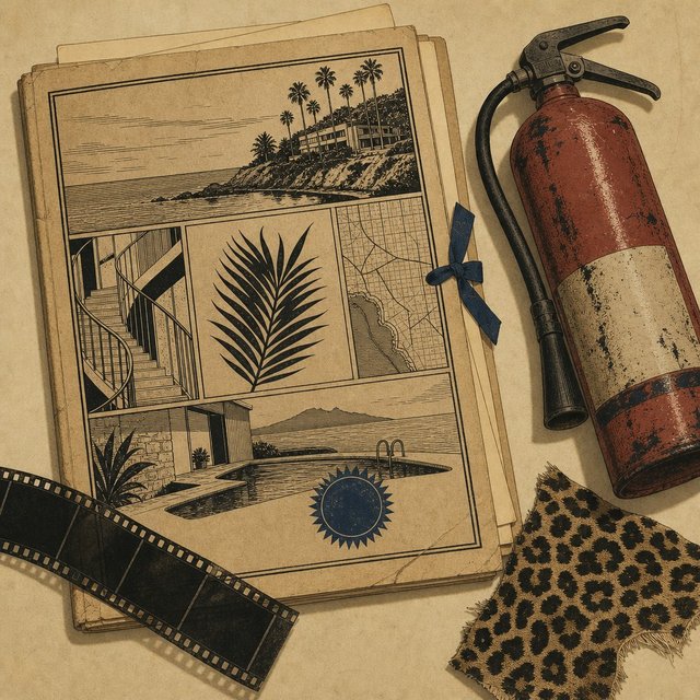 Illustrated case file beside a dented fire extinguisher and a torn leopard-print fabric scrap