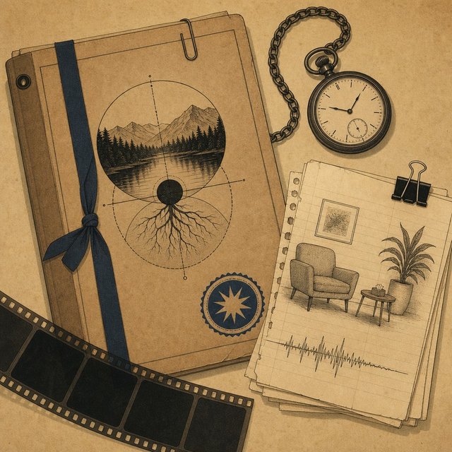 Illustrated case file beside a pocket watch on a chain and a stack of yellowed therapy session notes