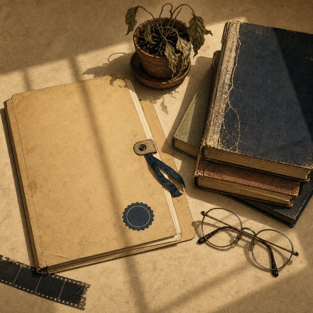 Illustrated case file beside worn hardcover books and wire-rimmed reading glasses