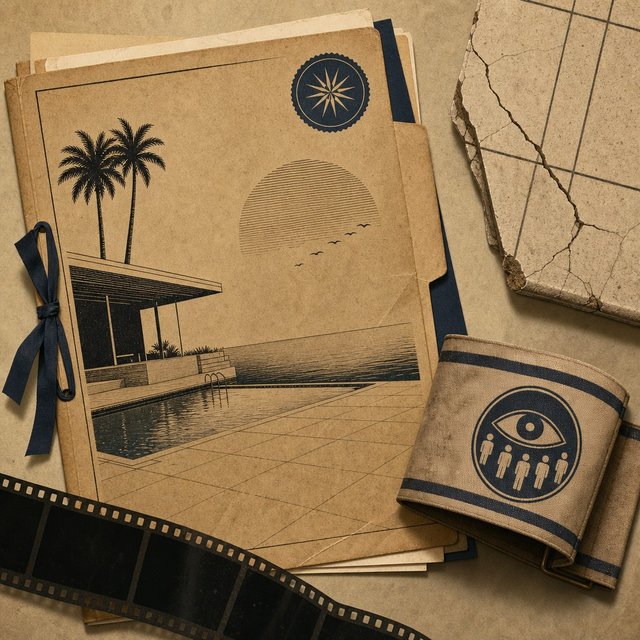 Illustrated case file beside a cracked poolside tile and a faded neighborhood-watch armband
