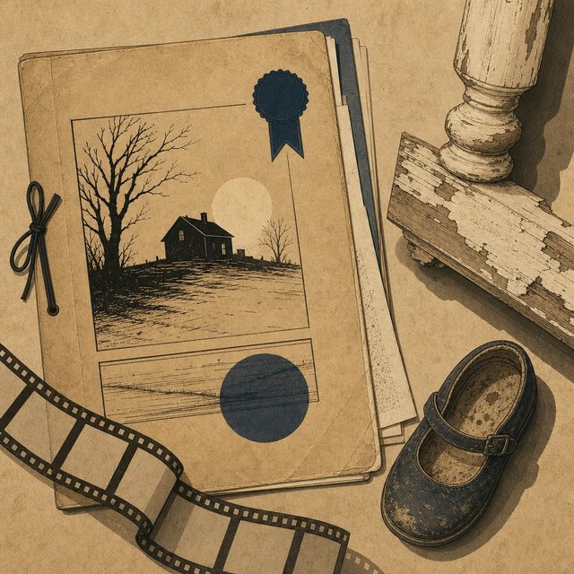 Illustrated case file beside a weathered porch step fragment and a small worn child's shoe