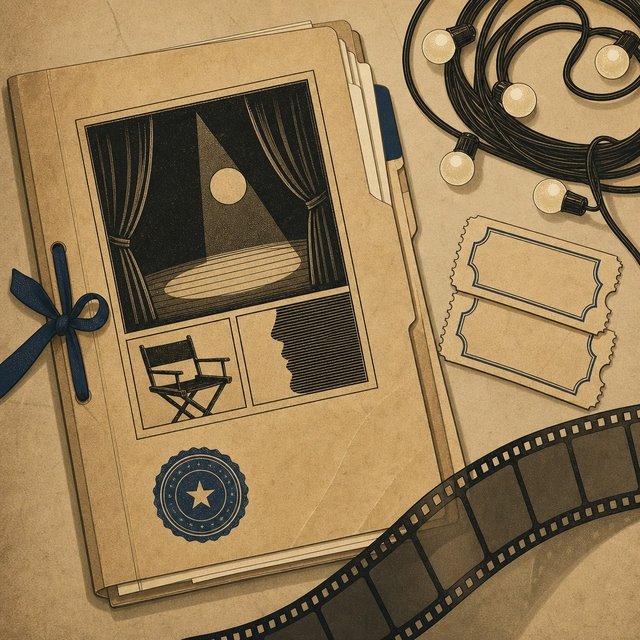 Illustrated case file beside a pair of theater tickets and a coiled string of marquee lights