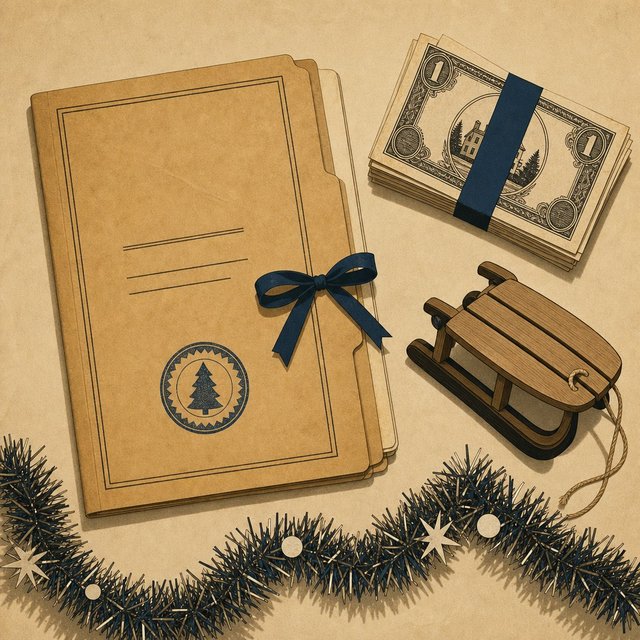 Illustrated case file beside a stack of crisp banknotes and a small wooden toy sled