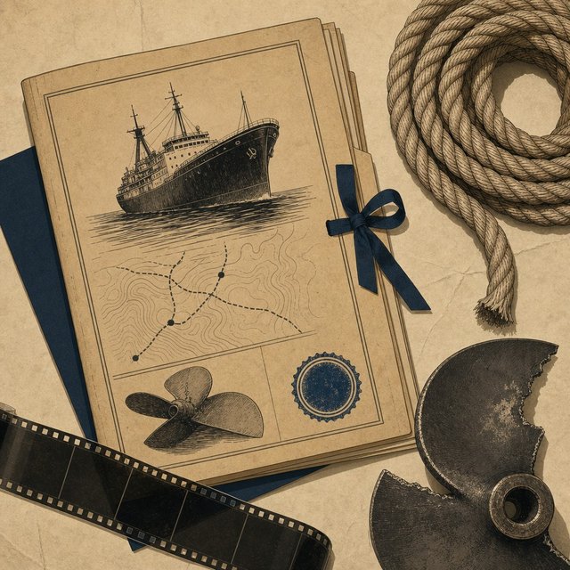 Illustrated case file beside a coiled ship's mooring rope and a bent steel propeller blade fragment