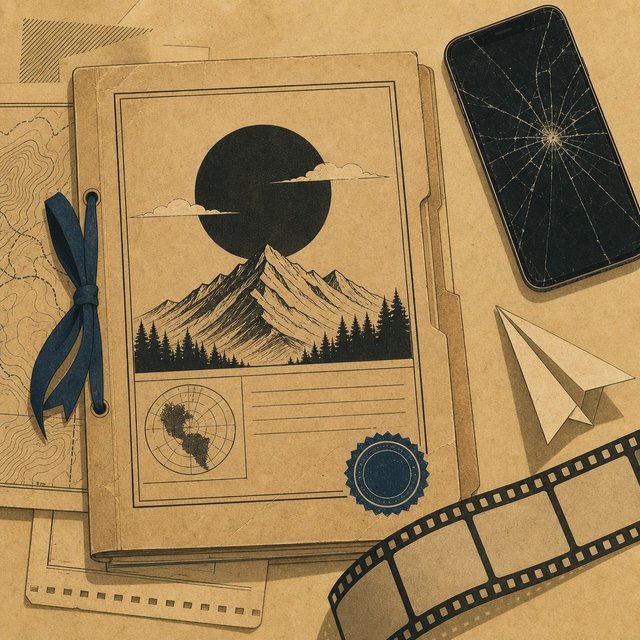 Illustrated case file beside a shattered smartphone screen and a small paper airplane