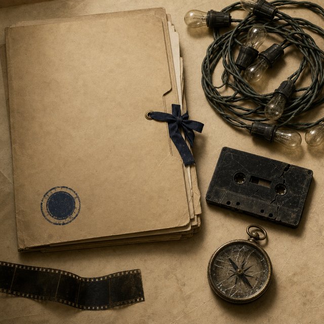 Illustrated case file beside tangled string lights and a cracked cassette tape