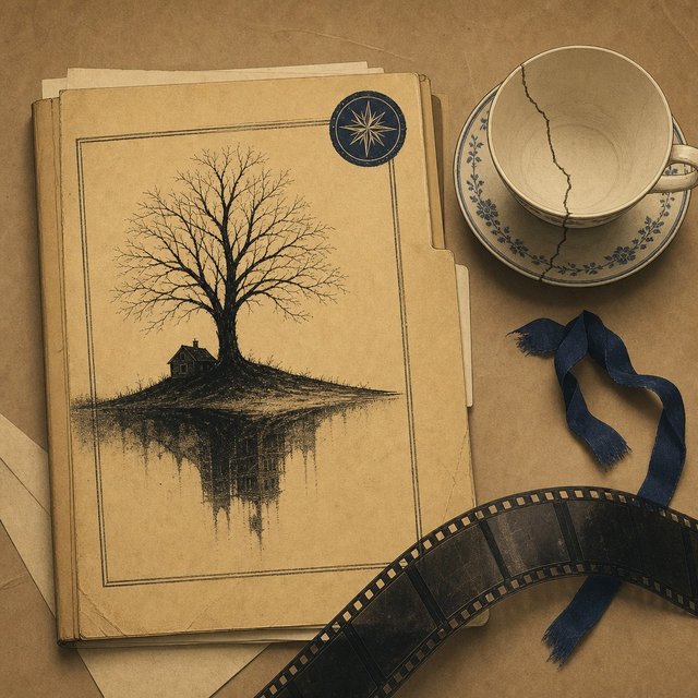 Illustrated case file beside a cracked porcelain teacup and a single wilted holiday ribbon