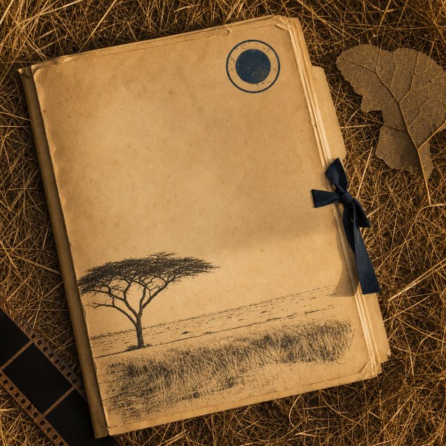 Illustrated case file resting on dry savanna grass