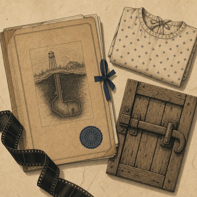 Illustrated case file beside a folded hospital-issue garment and a weathered wooden cellar-door latch