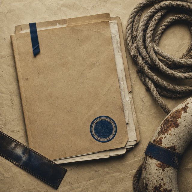 Illustrated case file beside a coiled rope and a rusted life-ring fragment
