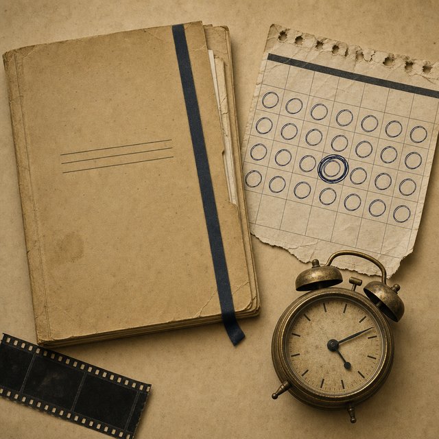 Illustrated case file beside a torn calendar page and a stopped clock