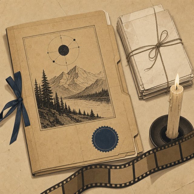 Illustrated case file beside a stack of folded paper notes tied with plain string and a lit taper candle