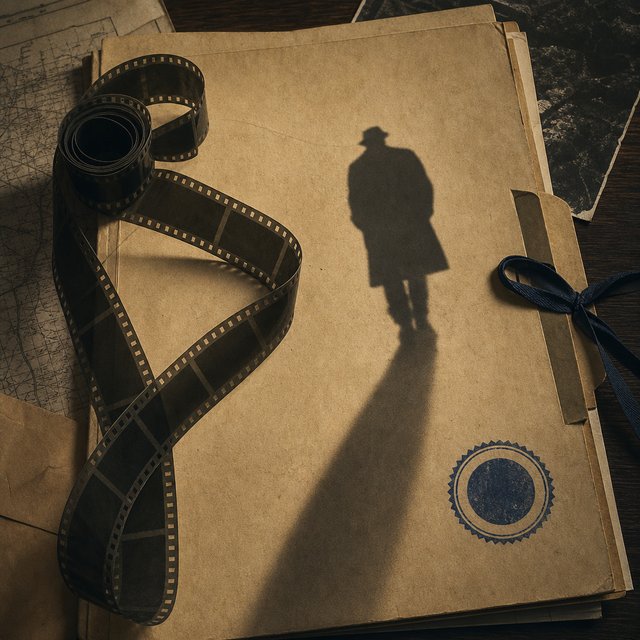 Illustrated case file with a coiled film reel and a shadowed figure walking away
