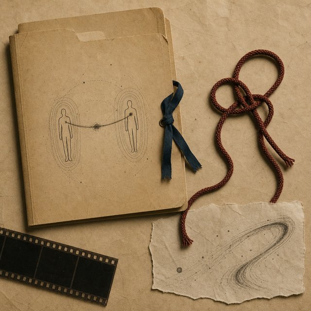 Illustrated case file beside a red cord knot and a comet sketch